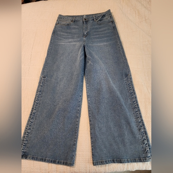 New York & Company Denim - NY&Co Classic Blue Wide-Leg Women Jeans Snapaway Slit Size 18 Boho Grunge NWT